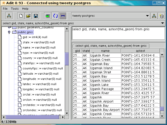 Screenshot of Adit with query results and table display